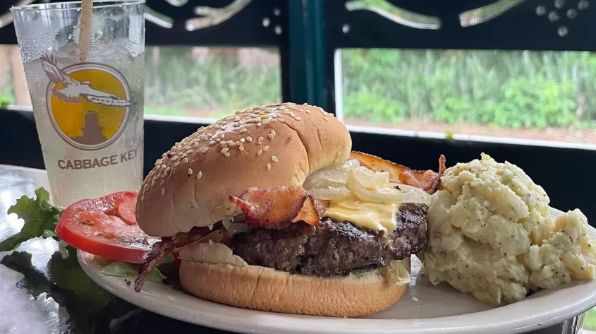 cheeseburger on plate with potato salad and drink on table at cabbage key