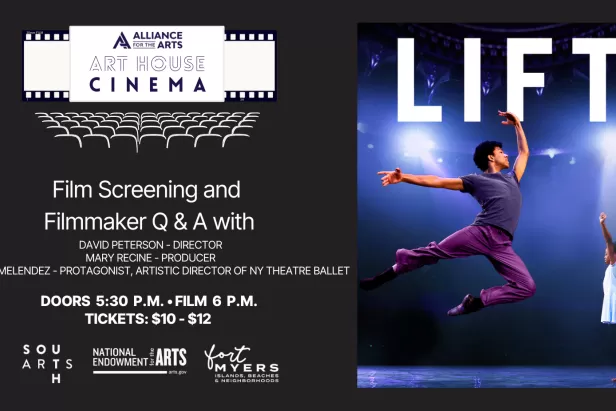 black background with a marquee saying Art House Cinema and the poster for Lift featuring a man in purple doing a ballet leap on stage
