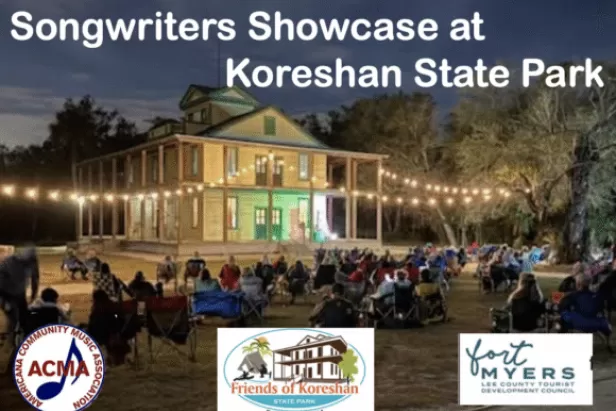 Image of a building with the text "Songwriters Showcase at Koreshan State Park"
